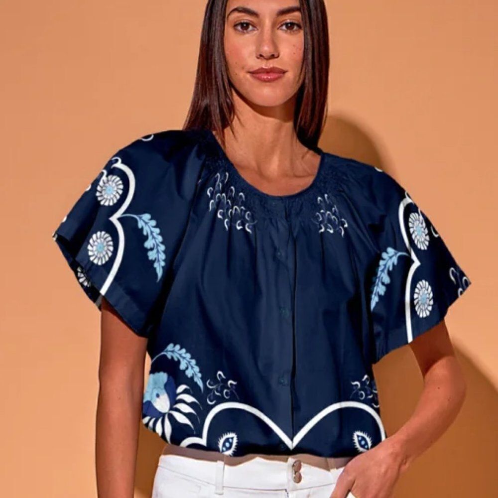 Tucker Short Sleeve Classic Blouse Navy Dutch Blossoms in Silk Cotton